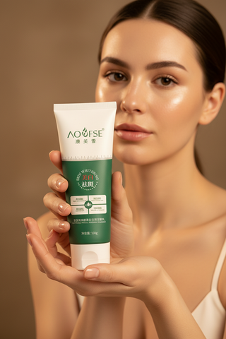 AOUFSE Whitening Facial Cleanser held in hand with glowing skin lifestyle skincare